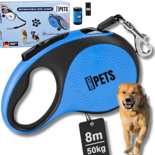 CORTESPETS® Guinzaglio per cani allungabile Retrattile 8m, con sacchetto per escrementi per canii fino a 50 kg, ideale per cani di taglia grande, media e piccola. (Blu, XL - 8m - fino a 50 kg)