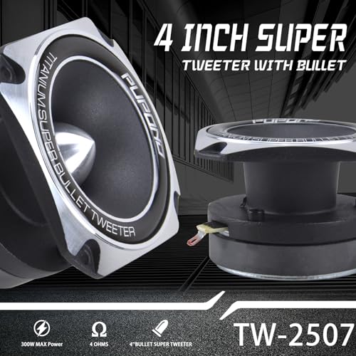 PUPOND 4 inch Car Tweeter, 300 Watt Max, 4 Ohm Ferrite Tweeter for Car Audio, Aluminium Frame and Diaphragm, Bullet Tweeters(2 Pack)
