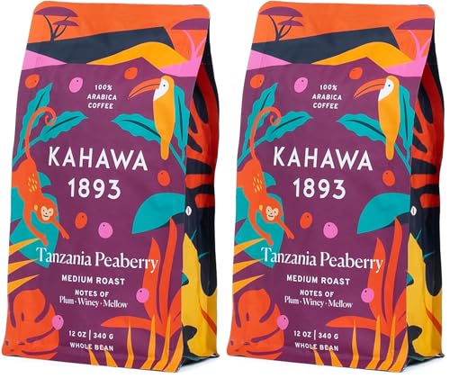 Kahawa 1893 Whole Bean Coffee Medium-Roast Tanzania Peaberry Blend 24 Oz - As Seen on Shark Tank, High Antioxidants, Naturally Sweet, Organically Grown, Ethically &amp; Sustainably Sourced (Pack of 2)