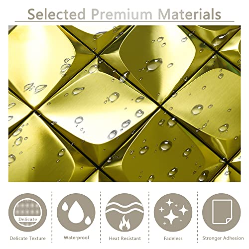 Kasaro 10-Piece Peel And Stick Tile Backsplash, 3D Stainless Steel Tile For Kitchen Wall, Metal Mosaic Tiles, Decorative Self Adhesive Wall Tiles For Living Room, Bathroom, Gold #TOP2
