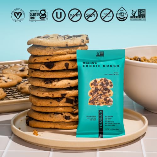 Image of TRUBAR Vegan Protein Bar, Oh Oh Cookie Dough, Gluten Free, Plant Based Protein, Dairy Free, Non GMO, Soy Free, No Sugar Alcohols, 12G Protein, 13G Fiber, Healthy on the Go Snack Bars, 12 CT