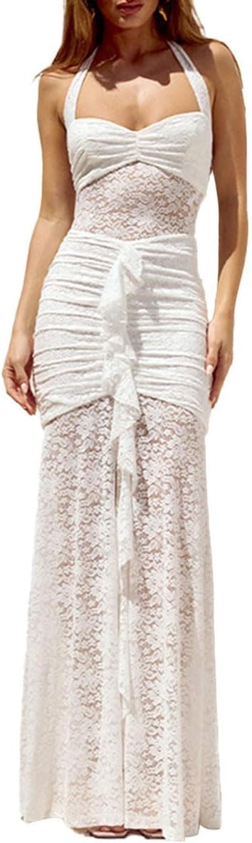 Womens Sexy Halter Backless Maxi Dress Lace Ruched High Slit Summer Dresses Party Cocktail Prom Long Dress