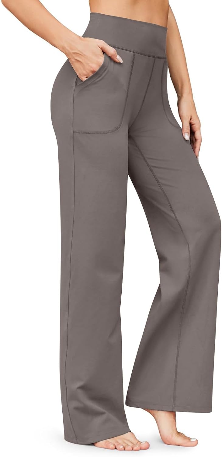 Womens Wide Leg Pants with Pockets High Waisted Stretchy Breathable Business Casual Dress Bottoms