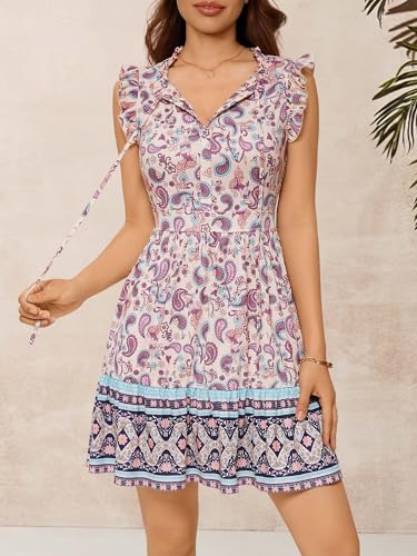 Image of ZABERRY Womens Casual Summer Dresses Drawstring V Neck Tiered Boho Floral Sundress Vacation Mini Dress