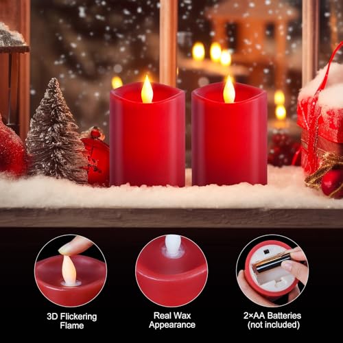 Image of 3x4 Flickering Flameless Candles Set of 2,Real Wax led Candles Flickering,with Timer,4 inch Flameless Candles with Remote,Battery Operated Candles,for Party Wedding Holiday Home Decor,Red