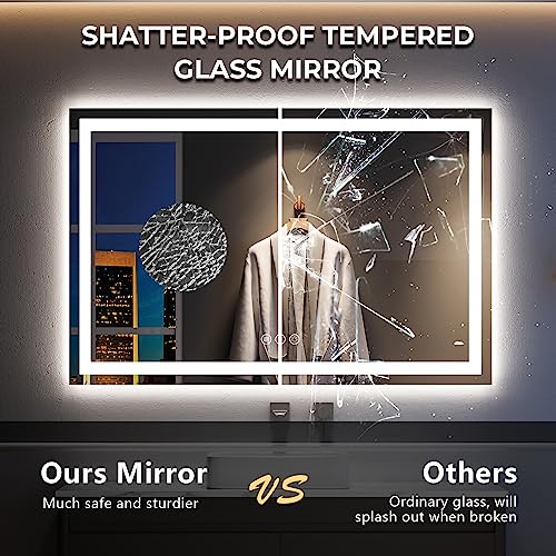 Image of 55x30 Inch LED Bathroom Mirror with Lights Front and Backlit Lighted Vanity Mirror for Bathroom Wall with 3 Colors Dimmable Anti-Fog Memory Shatter-Proof IP54 Waterproof Horizontal /Vertical