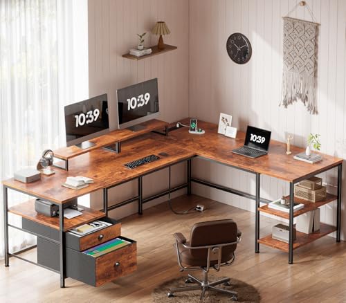 Image of Furologee 66 inch L Shaped Desk with Power Outlet, Reversible Home Office Desk with File Drawer, 2 Monitor Stands, Storage Shelves, Corner Computer Table for Gaming, Writing, Rustic Brown