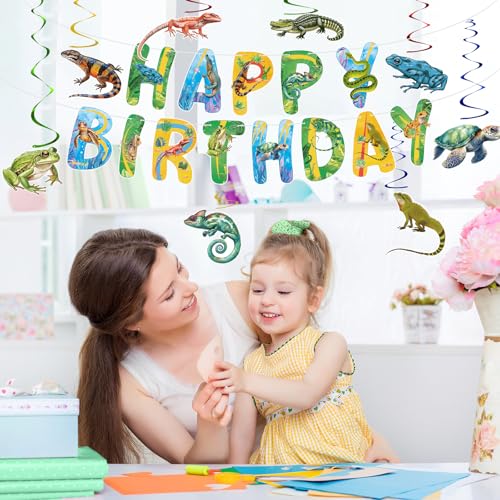 Image of Hooqict Reptile Birthday Party Decorations Reptile Swamp Happy Birthday Banner and 15 Pcs Hanging Swirls Safari Animals Lizard Snake Alligator Turtle Party Favors Supplies