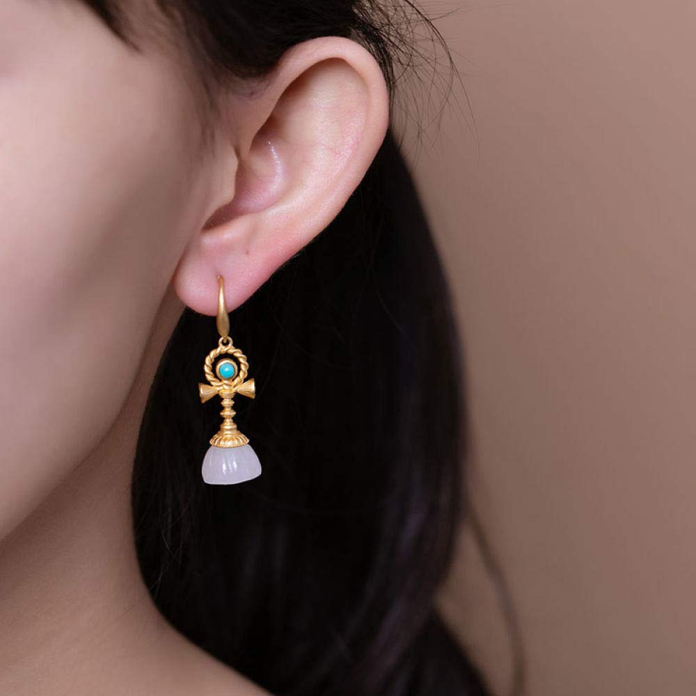 Vintage Largo Aretes De Plata Esterlina S925 Mujer Chapado En Oro Blanco Loto De Jade Encanto Estilo Chino Clásico Elegante Temperamento Temperamento De Gama Alta Regalo