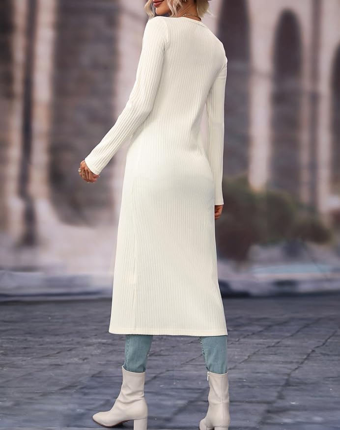 Women Slim Fit Knitted Shirt Dress Flattering Long Sleeve V-Neck Slit Hem Button Maxi Dress Cardigan3