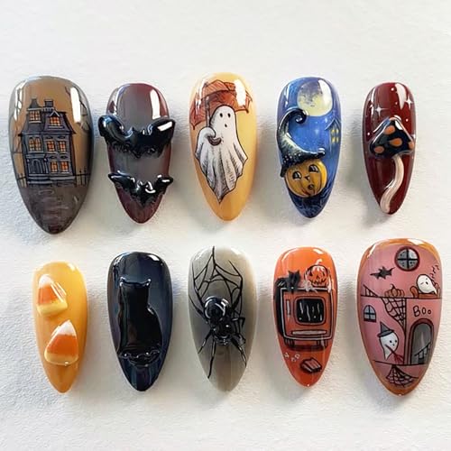 30Pcs Halloween Press on Nails Almond Medium Fake Nails with 3D Spider Bat Designs Spider Web Ghost False Nails Horror Black Cat Pumpkin Acrylic Nail Tips Ghost Bats Spider Glue on Nails for Women