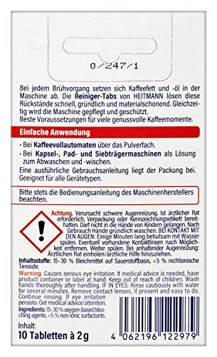 HEITMANN Pastillas limpiadoras para cafeteras automáticas, portafiltros y cafeteras monodosis y monodosis (10 unidades) - Imagen 3