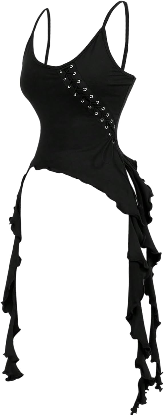 Floerns Gothic Clothes for Women Y2K Asymmetrical Lace Up Ruffle Tank Tops Camisole Grunge Punk Rock Concert Outfits