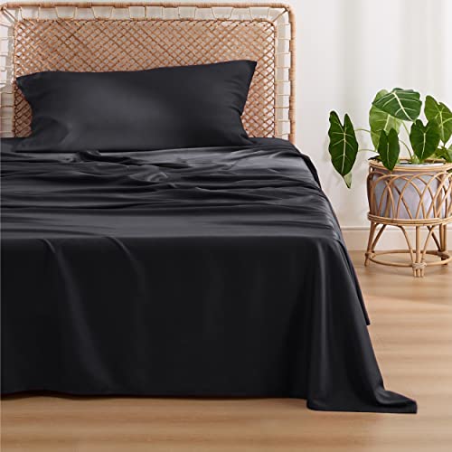 Image of Bedsure Cooling Sheets Twin XL, Rayon Derived from Bamboo, PureWoven, Breathable & Soft Twin XL Sheet Sets, Deep Pocket Up to 16 Inches, Hotel Luxury Silky Dorm Bedding for Hot Sleepers, Black
