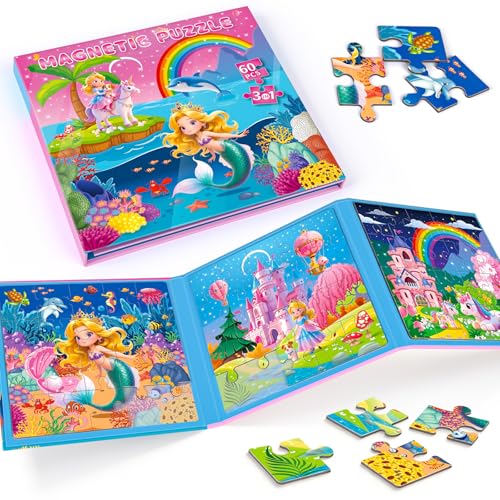 3x20 Pieces Puzzles for Kids Ages 4-6, Magnetic Puzzles for Kids Ages 3-5, Mermaid/Princess/Unicorn 3 in 1, Car Airplane Road Trip Activities Toys for 3 4 5 6 + Girls