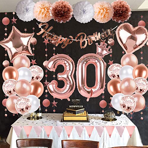 Image of 30th Birthday Decorations for Women, Rose Gold Number 30 Birthday Foil Balloons, 30th Birthday Banner Circle Dot Bunting Garland with Pom Poms for 30 Year Old Birthday Gift Party Decoration Supplies