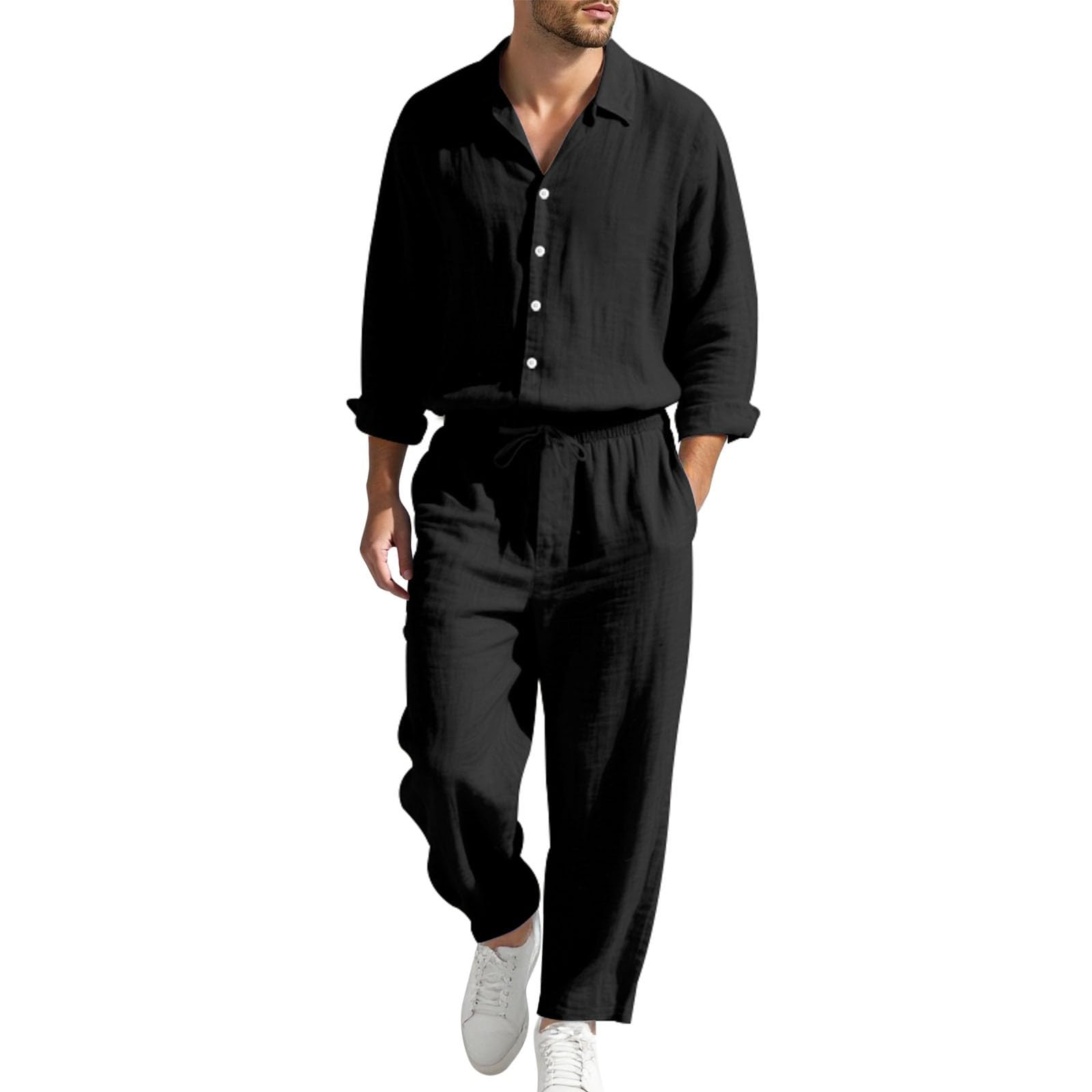 Generico 2 Pezzi Tuta Uomo Set completo Estivo in Lino, Camicia e Pantaloni con Elastico in Vita, a Maniche Lunghe, in Tinta Unita, Traspirante Casual, per Spiaggia Vacanza, per il Tempo Libero