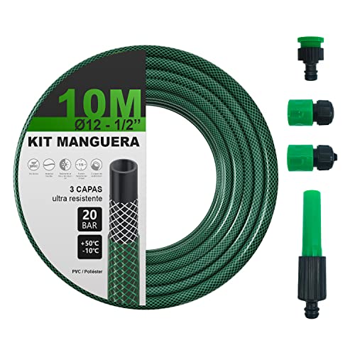 Manguera para Jardín con Adaptadores de Grifo y Boquilla de Riego (10M, Ø12, 1/2''), Color Verde, Ultra Resistente, MAN019
