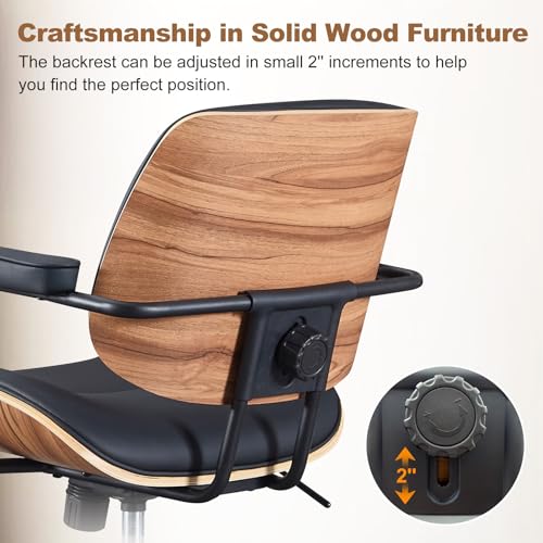 Image of Mid Century Modern Office Chair with Adjustable Backrest, Wooden Desk Chair with Armrests, Swivel Height Adjustable Home Office Chair, Comfortable Task Chair for Home Office, Black