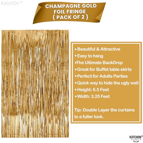 Image of Katchon, Champagne Gold Backdrop Fringe Curtain - Pack of 2, 3.2x6.5 Feet | Gold Streamers for Graduation Decorations 2026, Bridal Shower, Bachelorette Party Decor, Anniversary Backdrop