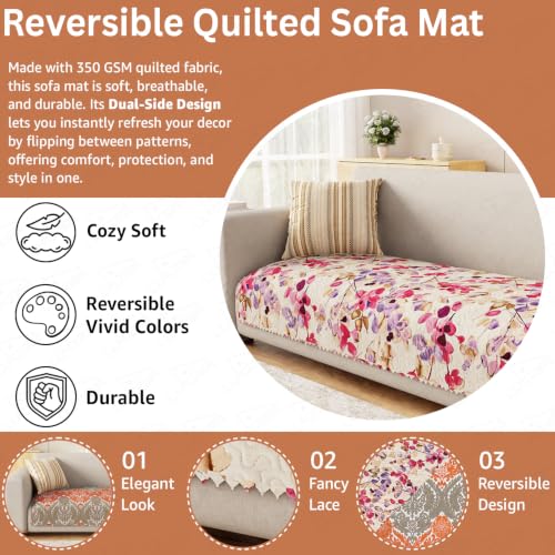 Image of Lukzer 4 Seater Sofa Cover Mat Reversible Quilted Sofa Seat Protector with WaveEdge Ultrasonic Cut - Royal Petals - Washable Anti-Slip Sofa Throw for Living Room Couch Cover 220 x 85 CM /SC-219-04WE