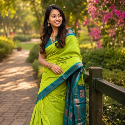 Image of Gadwal Cotton Silk Checked Saree for Women | Pure Kalyani Cotton Checked Saree with Zari Border Tassels & Blouse | Kanjivaram Linen Silk | Handloom Weave