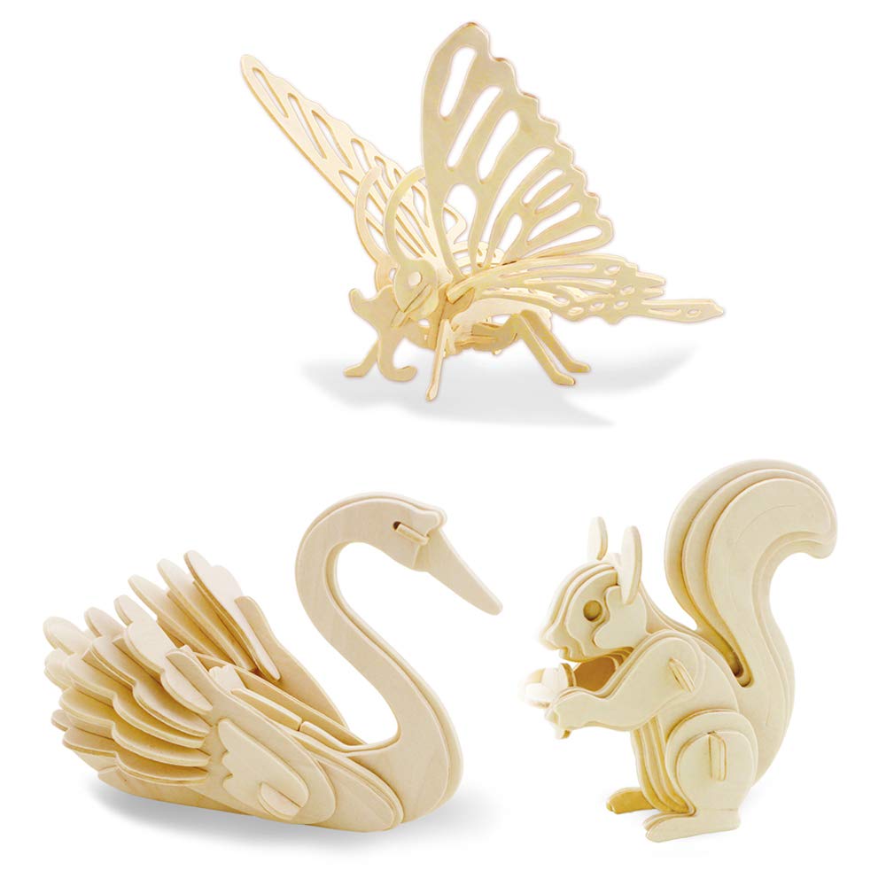 Georgie Porgy Hölzerne 3D Puzzle Sammlung Puzzle Modell Kit Baukasten Holzhandwerk Kinder Puzzle Spielzeug Alter 5+ Packung 3 (Schmetterling Schwan Eichhörnchen)