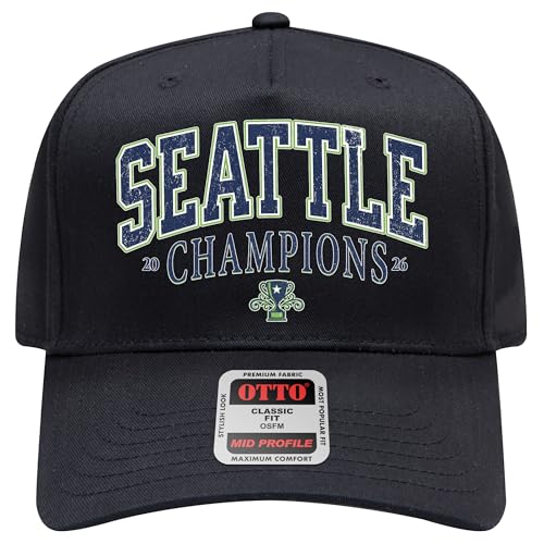 Seattle 2026 Champions Hat | Premium Adjustable Snapback Baseball Trucker Hats for Men & Women (US, Alpha, One Size, Black Collegiate)