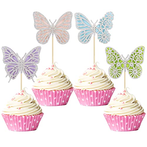 Gyufise 24pcs Butterfly Cupcake Toppers - Assembled Silver Glitter Colorful Double Layers 3D Butterfly Cupcake Picks - Wedding, Anniversary, Baby Shower, Kids Birthday Party Cake Decorations