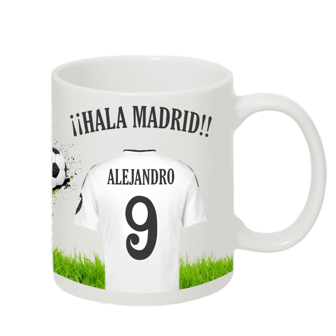 Taza personalizada del Madrid - Regalos originales - Regalos futbol - Camiseta equipos de futbol - Personaliza tu taza con tu nombre y tu numero - Regalos niños R Madrid