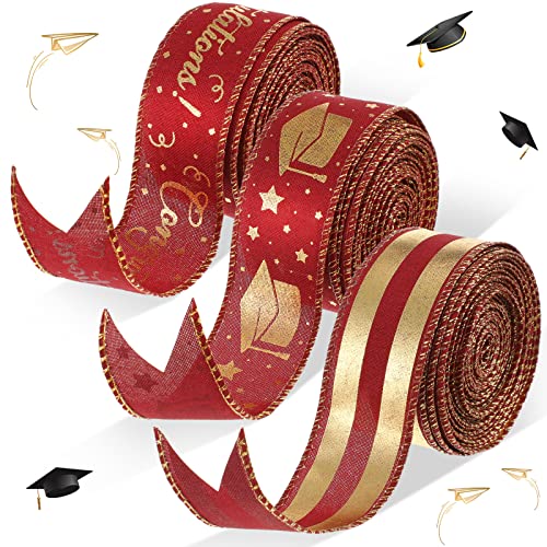 Geosar 3 Roll 2026 Graduation Ribbon 1.5 Inch Graduation Party Favors Congrats Grad Ribbon Bronzing Wired Edge Ribbons with Cap Star Stripes Gold Decoration Craft Supplies(Wine Red and Gold)