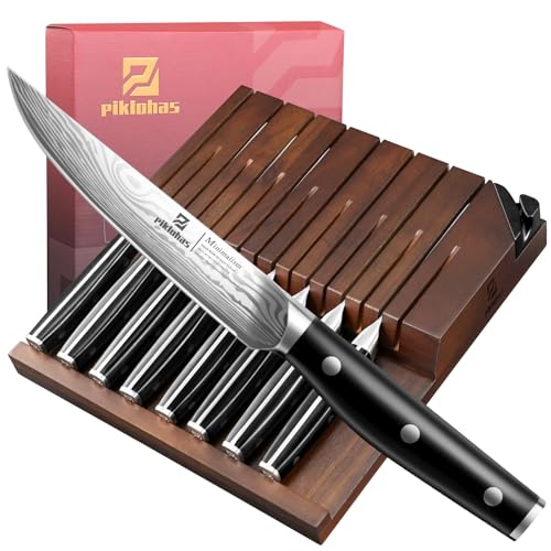 Comparison: Best Steak Knife Sets 4 Piklohas Steak Knives Set of 8 with Drawer Organizer Built-in Sharpener, 4.6 Inch Non Serrated Dinner Knife, Forged German Steel Damascus Pattern Straight Edge Meat Knife with Full Tang Handle, Black