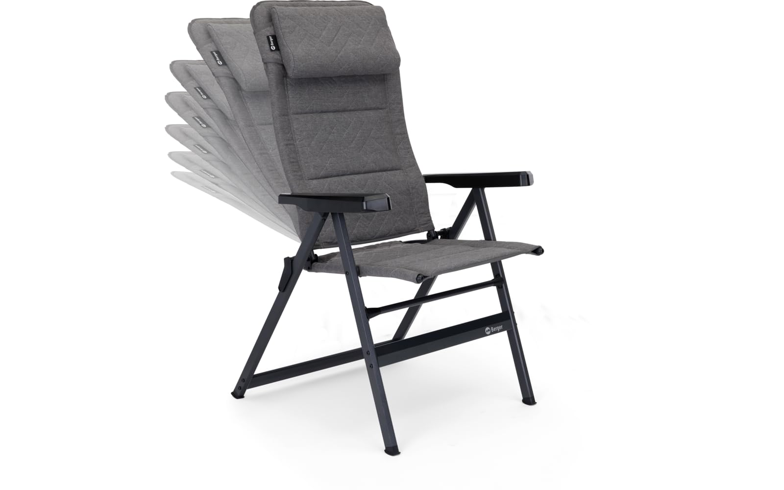 BERGER Dakar Campingstuhl klappbar | Gartenstuhl Hochlehner 7-Fach verstellbar mit Armlehnen und gepolsterter DDY-Bezug & Kopfpolster | Camping Klappstuhl belastbar bis 120 kg | Anthrazit