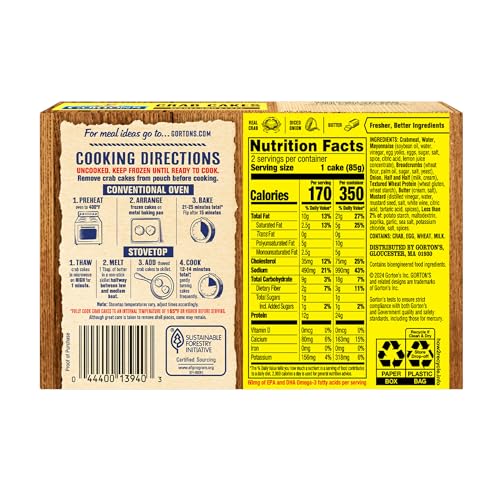 Image of Gorton's Crab Cakes Maryland Style, Real Crab Meat with Onions, Butter, and Seasoning, Frozen, 2 Count, 6 Ounce Package