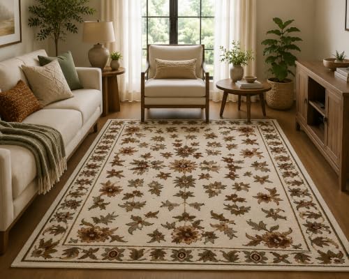 Image of Carpets Runner Rug for Bedroom | Living Room | Sofa Floor - Handmade Pure Wool - Ivory Cream - Floral Design (4 Feet x 6 Feet)