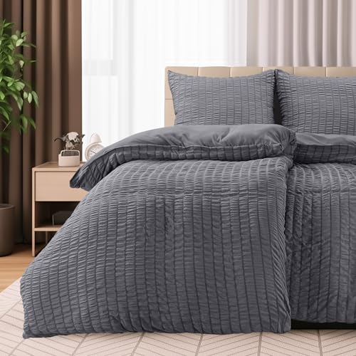 Utopia Bedding Seersucker Bettwäsche 135x200 4teilig - Mikrofaser Polyester 2 Bettbezug 135x200 cm + 2 Kissenbezug 80x80 cm – Grau