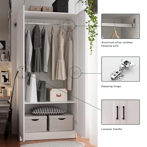 Fddevelop Fenghua Lizhi Wood White Wardrobe Closet with 2 Doors,Bedroom Freestanding Armoire Storage Cabinet with Shelves,Wooden Wardrobe Combination for Hanging Clothes