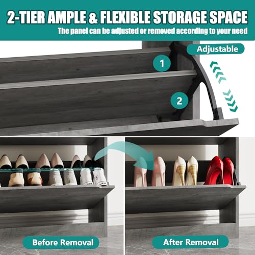 Image of Xixini Shoe Storage Cabinet for Entryway with 3 Flip Drawers, Sturdy Wood Hidden Shoe Storage, Freestanding Narrow Slim Shoe Organizer for Front Door Entrance, Living Room, Hallway, Bedroom, Grey