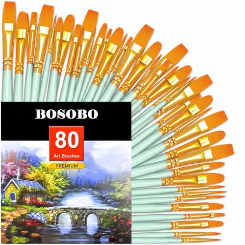 Image of BOSOBO Assorted Nylon Acrylic Artist Paint Brushes Set,Green,80 Pcs