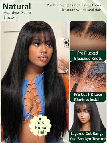 Image of KLAIYI Bye Bye Slip Yaki Straight 7X5 Precut Lace Front Human Hair Wig with Wispy Bangs Layer Cut Drawstring Glueless 3S Ready to Wear and Go Wig Pre Plucked Bleached Knots Natural Blowout Wig 20Inch