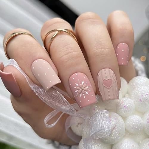 Christmas Embossed Snowflake Press on Nails French Medium Square Pink