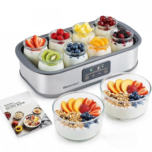 Elite Gourmet ProBioticPRO™ Digital Yogurt Maker, Programmable Temp & Time Control (68–127°F), Includes 8 Glass Jars (6 oz) + 2 Large 1-Qt Bowls, Stainless Steel, Auto Shut-Off