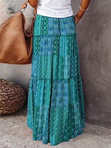 Womens Floral Boho Long Maxi Skirt Elastic High Waist Pleated Ruffle Flowy Tiered Swing Beach Skirt with Pocket2