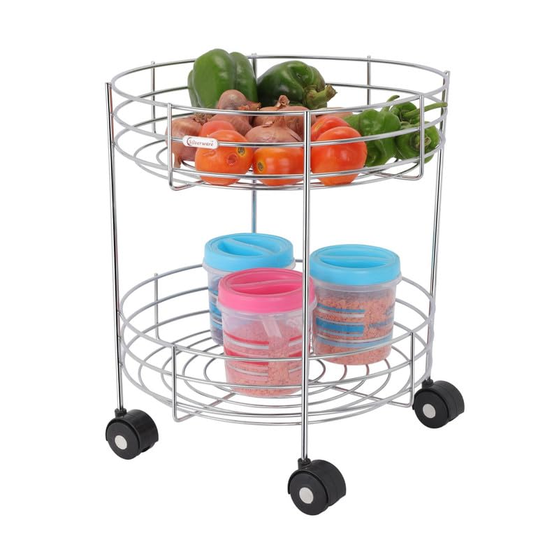 Stainless Steel Round Vegetable Stand | Trolley Organizer with Wheels | Kitchen Shelf Rack | Basket for Onion, Potato & More(Round)(2 Layer)-image-43