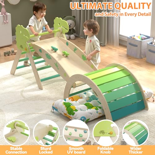 Image of Pikler Triangle Set with Cushion 9 in 1 Large Climbing Toys for Toddlers 1-7 Indoor Baby Gym Montessori Toys Wooden Climbing with Maze, Shape Sorting, Dinosaur Car