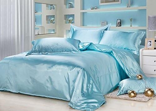 Silky Satin 4 Piece Bed Sheet Set, 1 Pc Silky Flat Sheet, Fitted Sheet with 15 Inch Deep Pocket & 2 Pillowcases Twin, Sky Blue