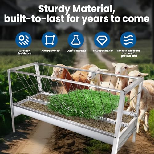 96 Gallon Goat Hay Feeder, 2 in 1 Hay Feeder for Goats, 5 Ft Long Feeding Tray for Livestock Feeder, Feeding Goats, Sheep and Ponies, for Farms, Sheep Sheds (Galvanizing)