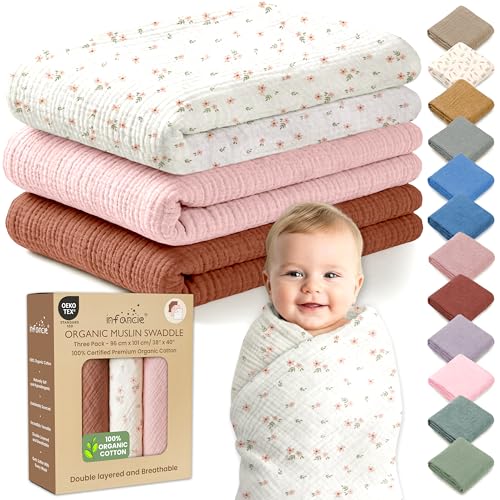Image of Organic Muslin Baby Blanket 3 Pack Clay, Blush & Ivory Floral 38x40 Inch 100% Organic Cotton Oeko-TEX Certified Ultra Soft Swaddle Blanket for Newborn Boys & Girls Boho Nursery