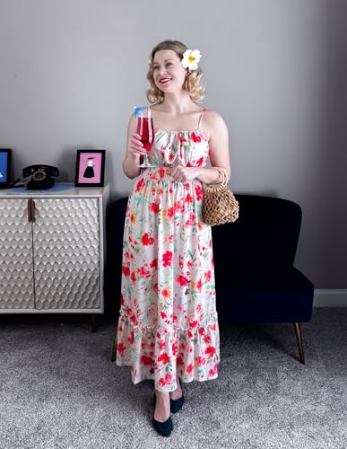 Image of GRACE KARIN Summer Dresses for Women 2026 Vacation,Smocked Floral Maxi Dresses,Boho Beach Long Sundress Red White Floral S
