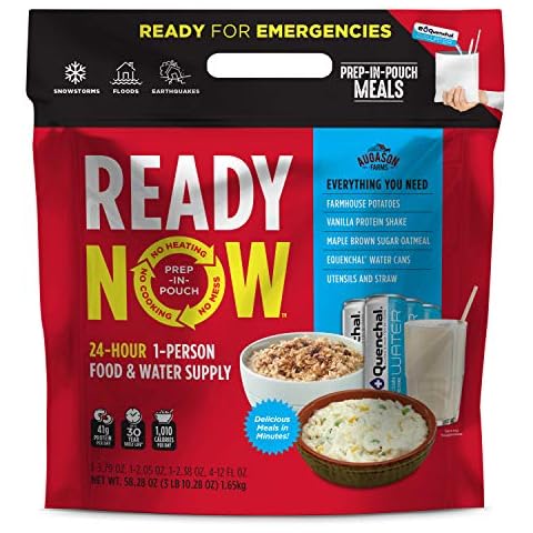 Augason Farms Ready Now Emergency Food Supply with Farmhouse Potatoes | Includes Emergency Water and Utensils | Prep-in-Pouch Meals | Camping Mess Kit | 25-Year Shelf Life Cover
